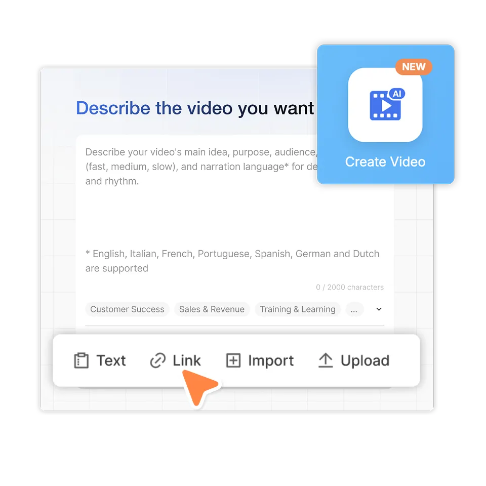 Start a holiday video generator project in Visla by adding an idea, script, link, clips, images, audio, or a PDF or PPT as input for the AI Video Agent